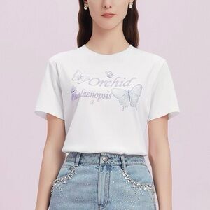 White Cotton Orchid Butterfly Graphic Short Sleeve Tee with Crystal Decoration